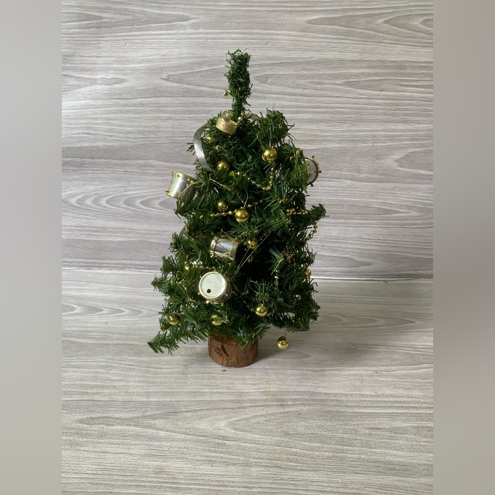 Vintage Artisan Fully Decorated Miniature Drums  Christmas Tree on Wood Stand